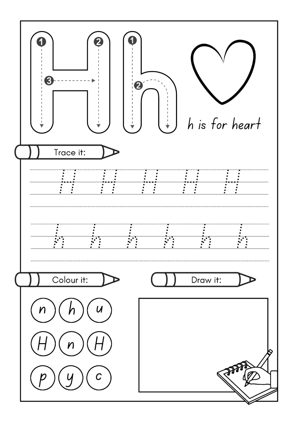 Letter H practice page: trace uppercase H and lowercase h, find letters to color, and draw; h is for heart.