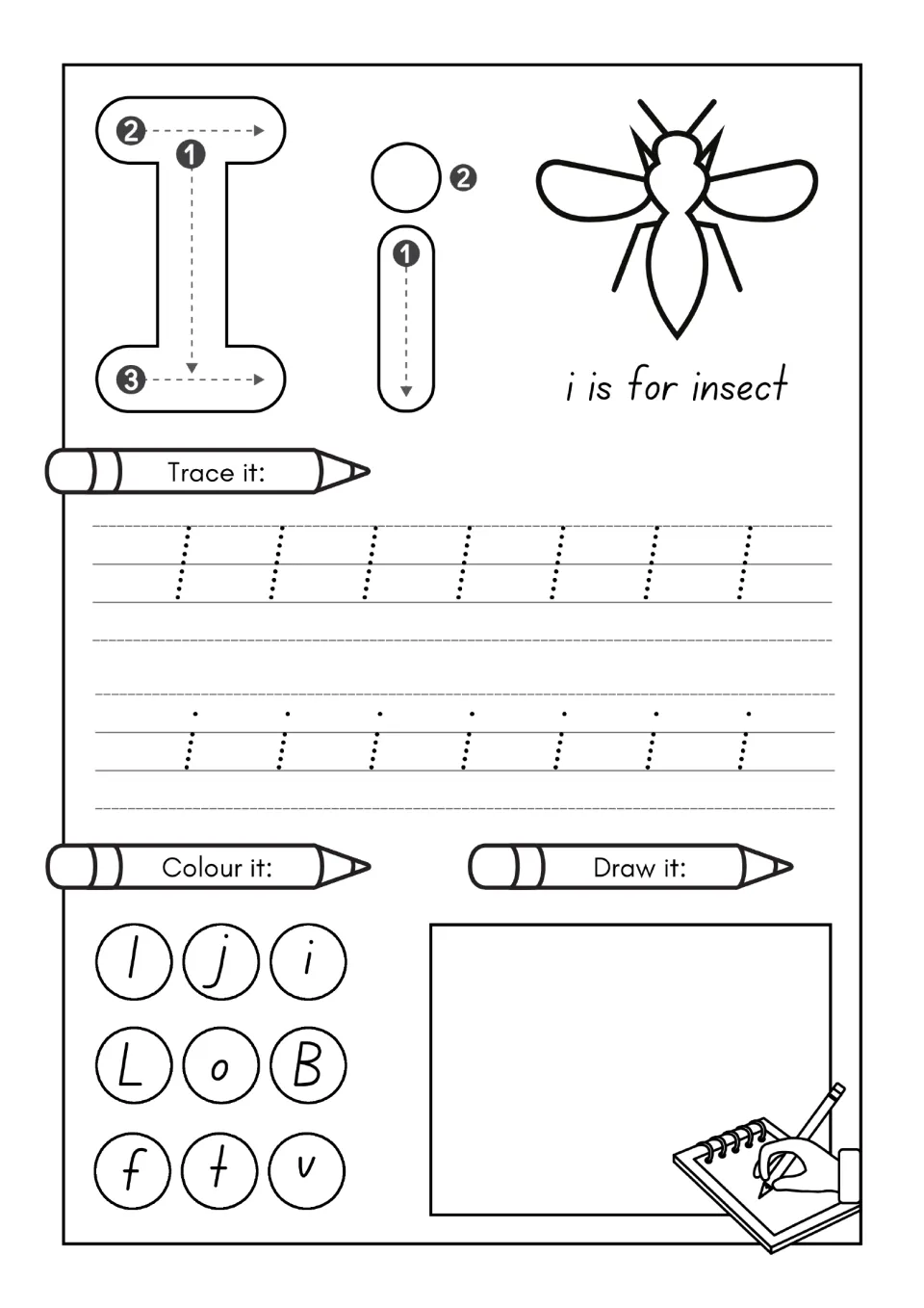 Letter I practice page: trace uppercase I and lowercase i, find letters to color, and draw; i is for insect.