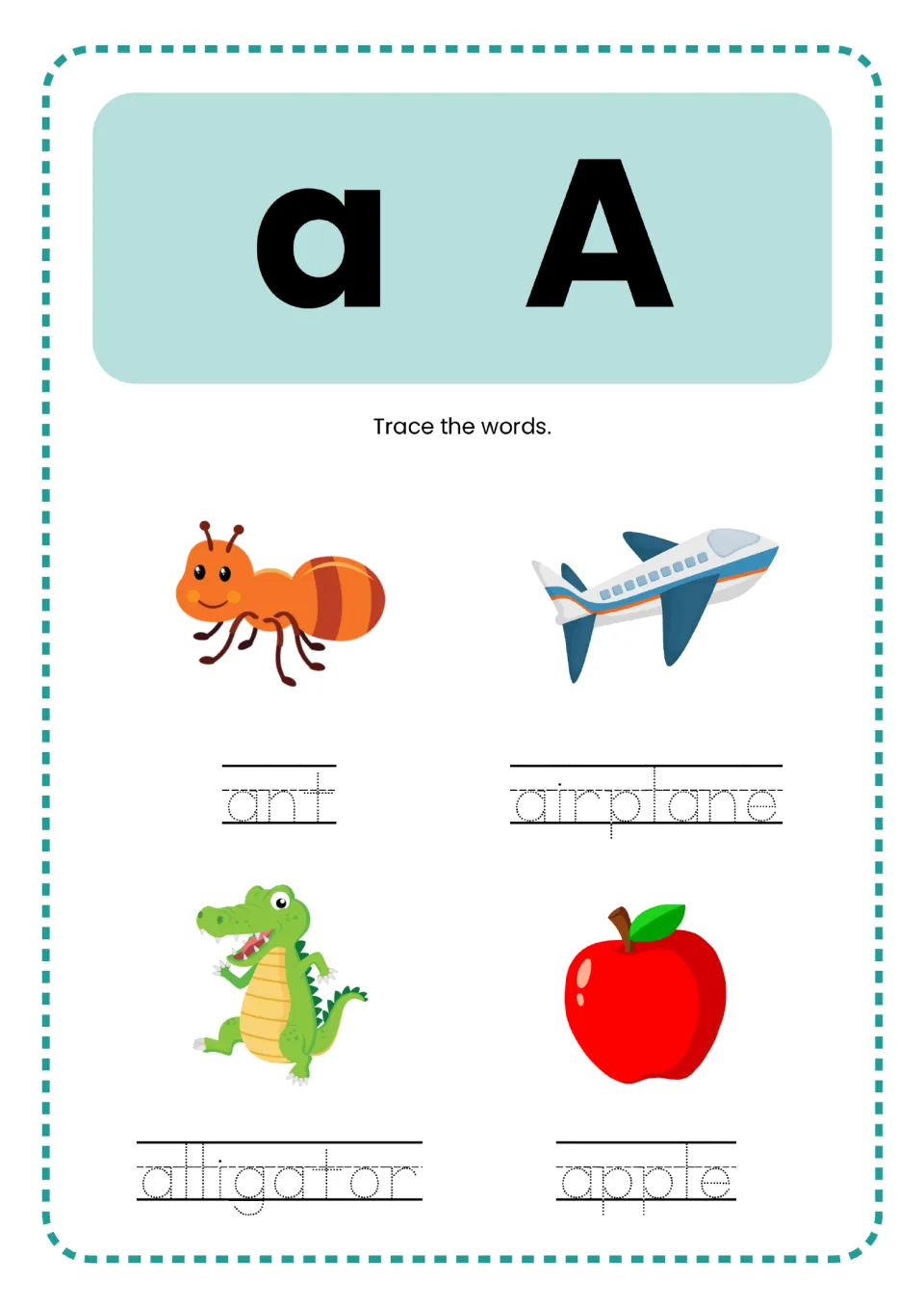 Letter A practice in the alphabet mini book: lowercase a, uppercase A, and ant, airplane, alligator, apple to trace.
