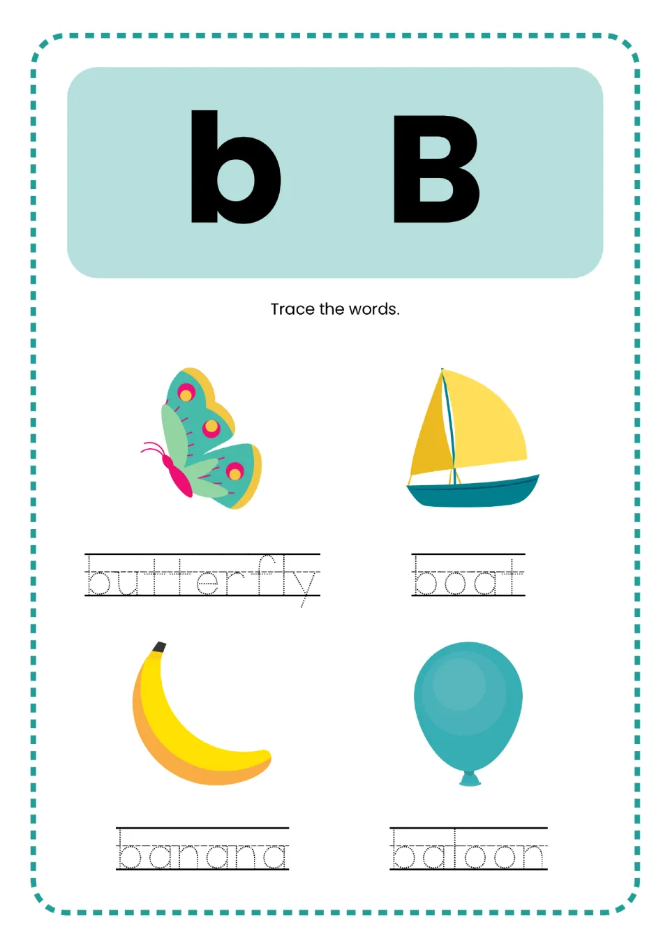 Letter B practice in the alphabet mini book: lowercase b, uppercase B, and butterfly, boat, banana, balloon to trace.