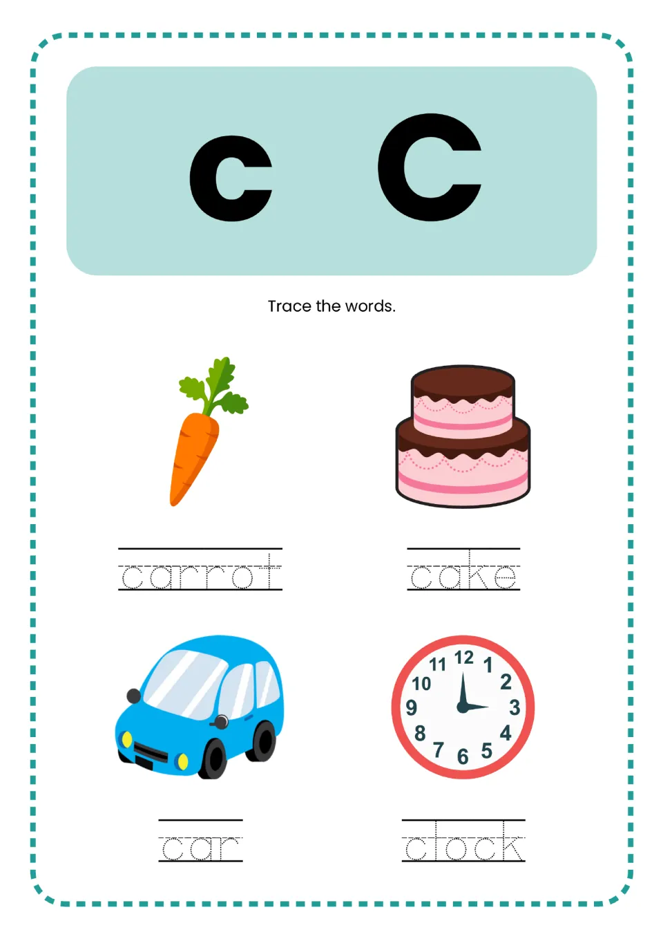Letter C practice in the alphabet mini book: lowercase c, uppercase C, and carrot, cake, car, clock to trace.