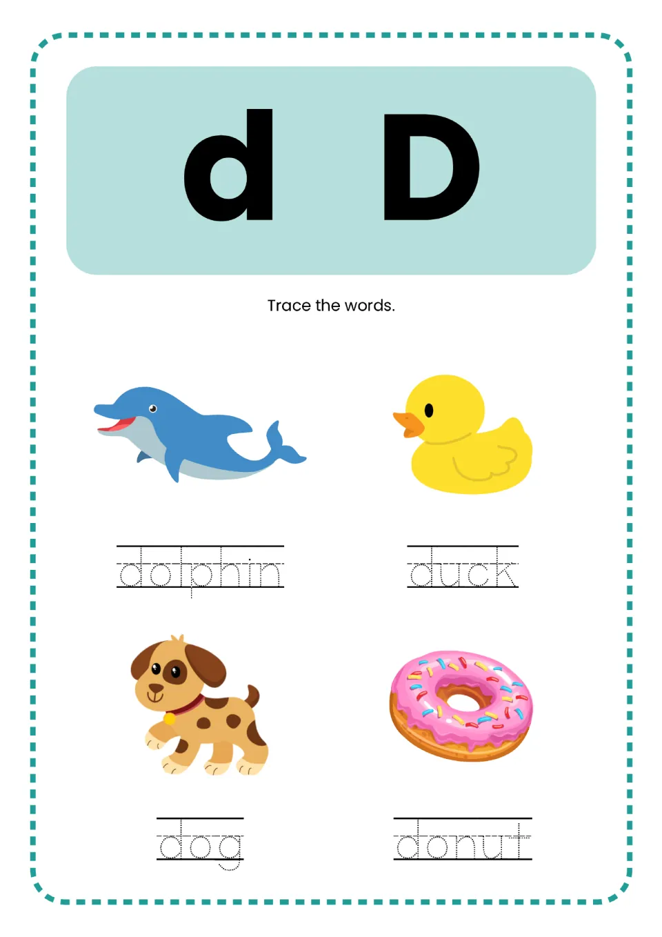 Letter D practice in the alphabet mini book: lowercase d, uppercase D, and dolphin, duck, dog, donut to trace.