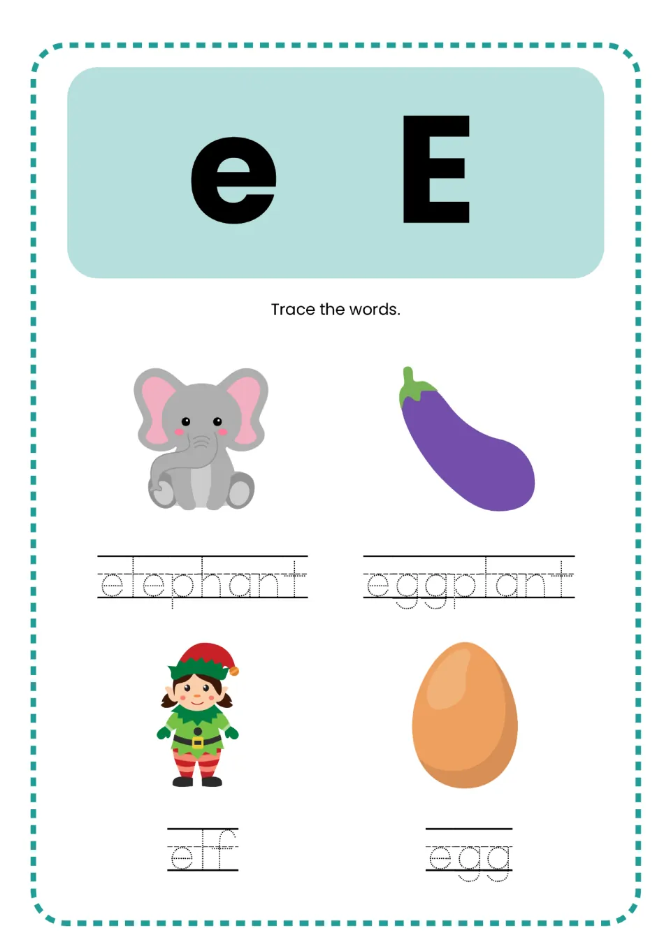 Letter E practice in the alphabet mini book: lowercase e, uppercase E, and elephant, eggplant, elf, egg to trace.