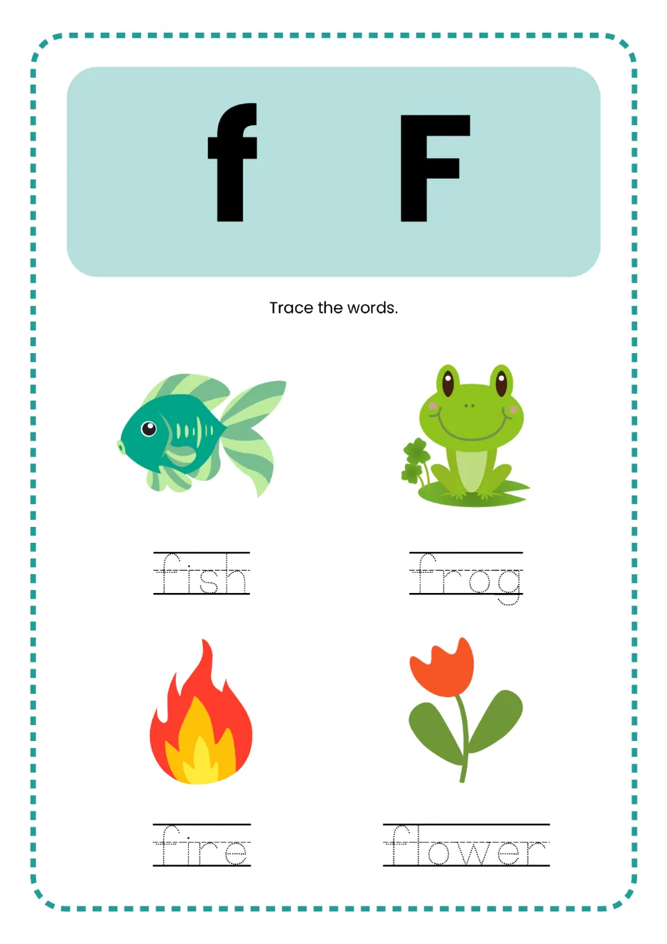 Letter F practice in the alphabet mini book: lowercase f, uppercase F, and fish, frog, fire, flower to trace.