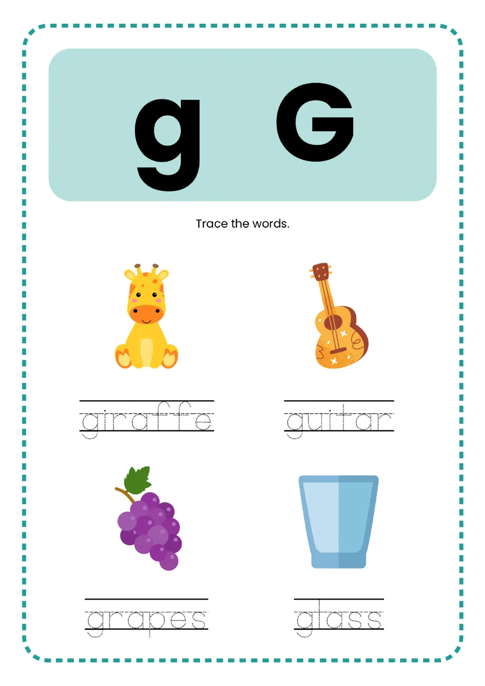 Letter G practice in the alphabet mini book: lowercase g, uppercase G, and giraffe, guitar, grapes, glass to trace.