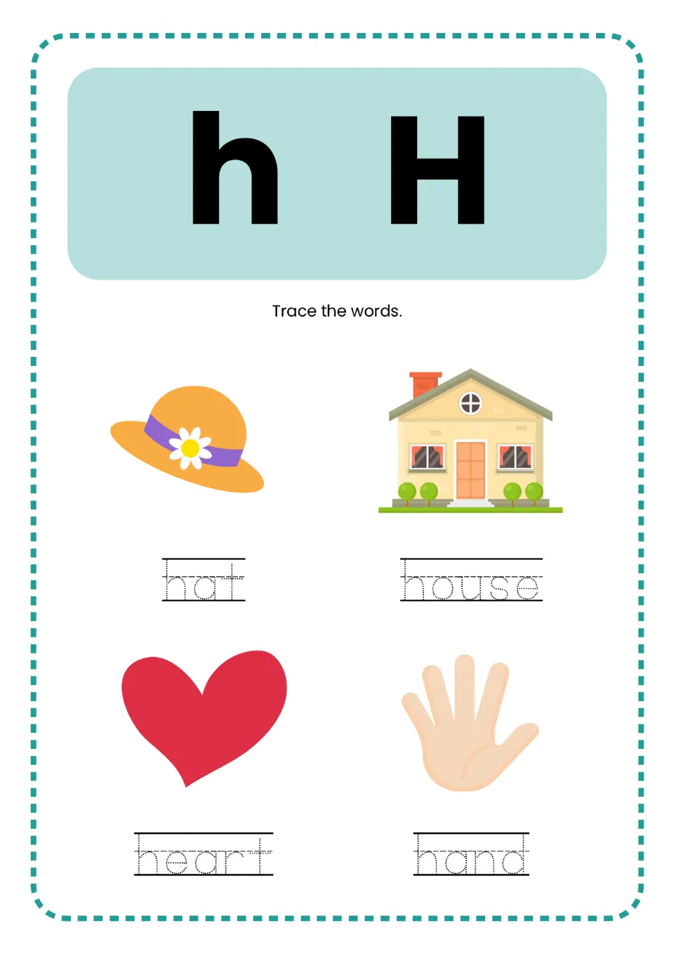 Letter H practice in the alphabet mini book: lowercase h, uppercase H, and hat, house, heart, hand to trace.