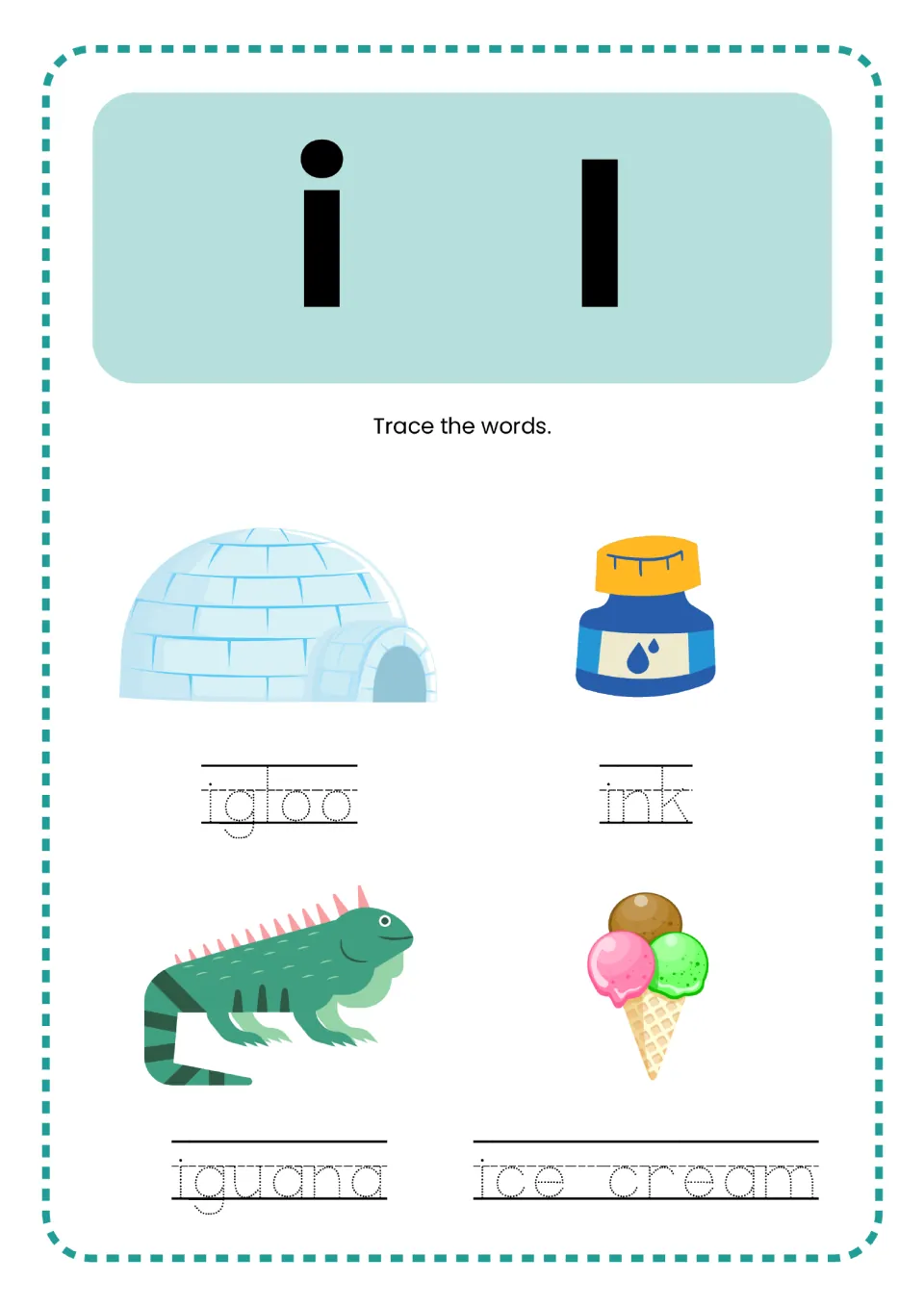 Letter I practice in the alphabet mini book: lowercase i, uppercase I, and igloo, ink, iguana, ice cream to trace.