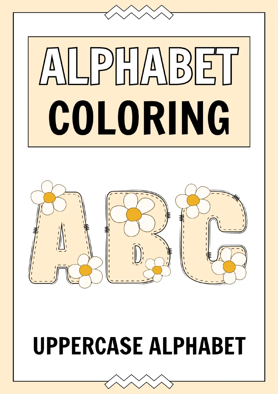 Alphabet coloring title page showing flower-decorated ABC letters and the heading “UPPERCASE ALPHABET”