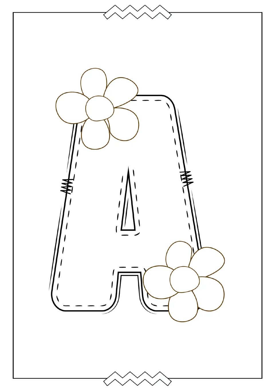 Uppercase A coloring page in the alphabet mini book, featuring a large letter A decorated with two flowers