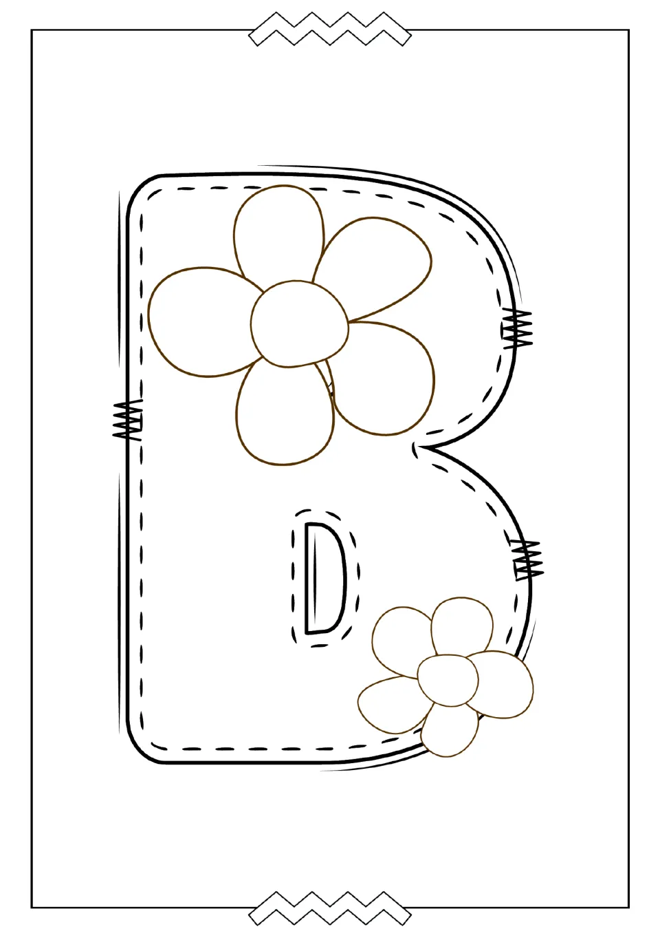 Uppercase B coloring page in the alphabet mini book, featuring a large letter B decorated with two flowers