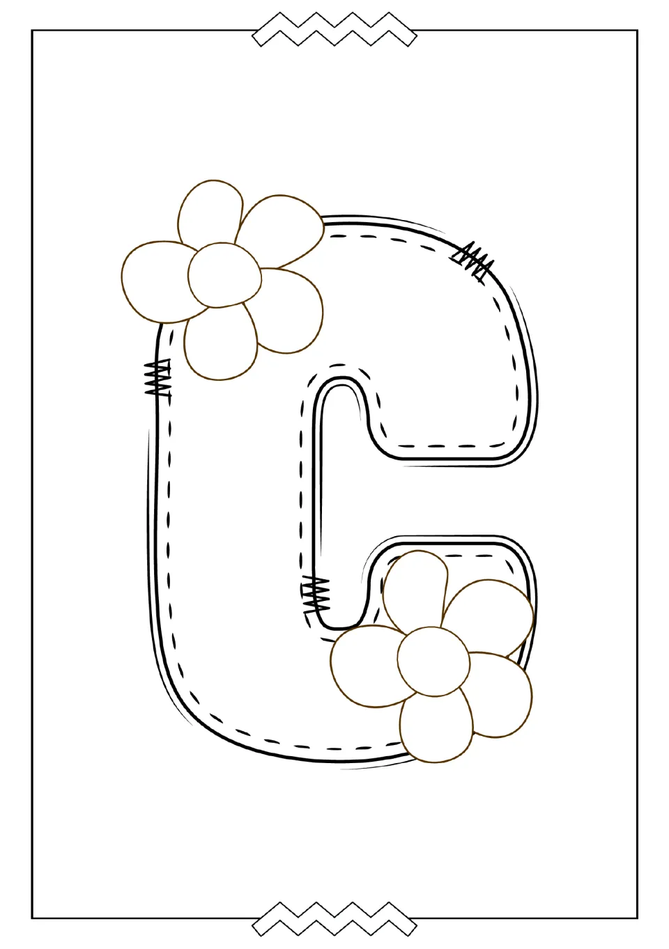 Uppercase C coloring page in the alphabet mini book, featuring a large letter C decorated with two flowers