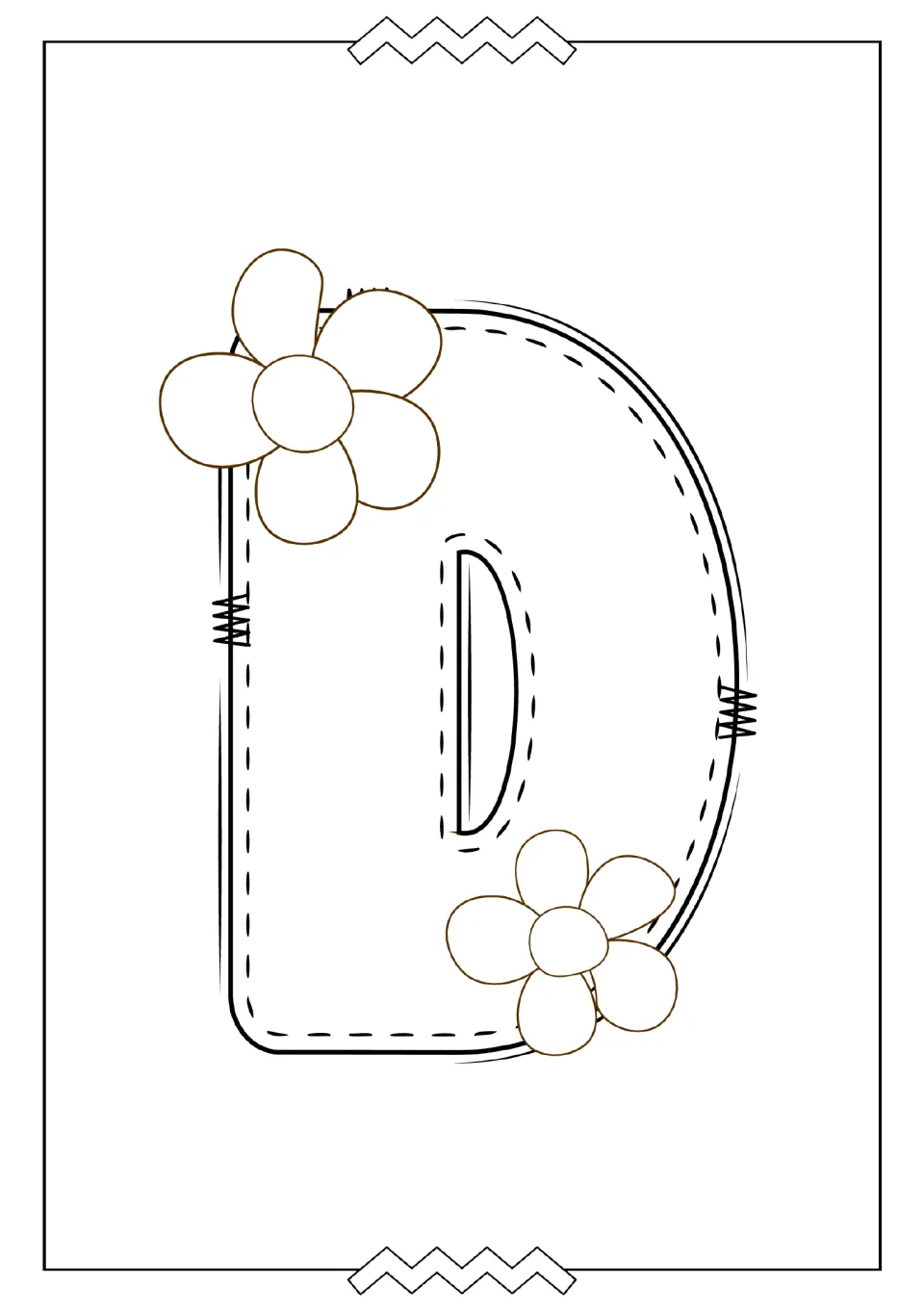 Uppercase D coloring page in the alphabet mini book, featuring a large letter D decorated with two flowers