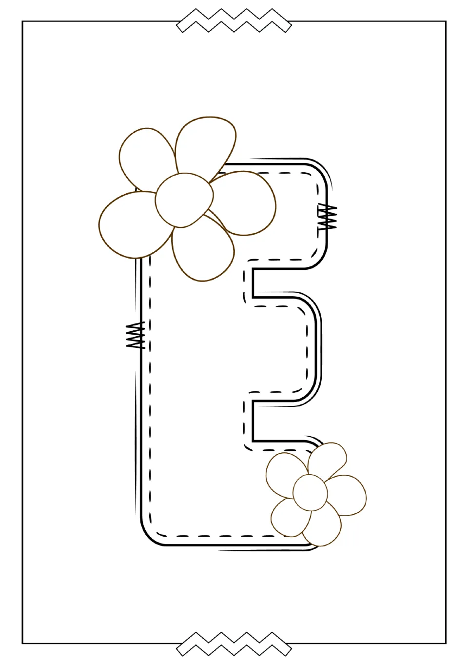 Uppercase E coloring page in the alphabet mini book, featuring a large letter E decorated with two flowers