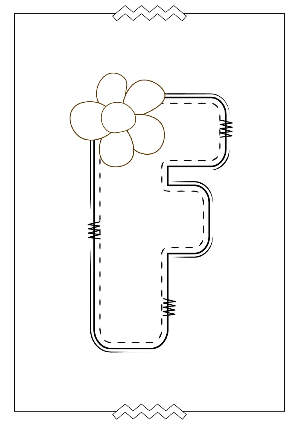 Uppercase F coloring page in the alphabet mini book, featuring a large letter F decorated with one flower