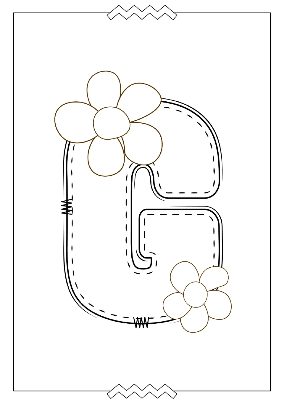 Uppercase G coloring page in the alphabet mini book, featuring a large letter G decorated with two flowers
