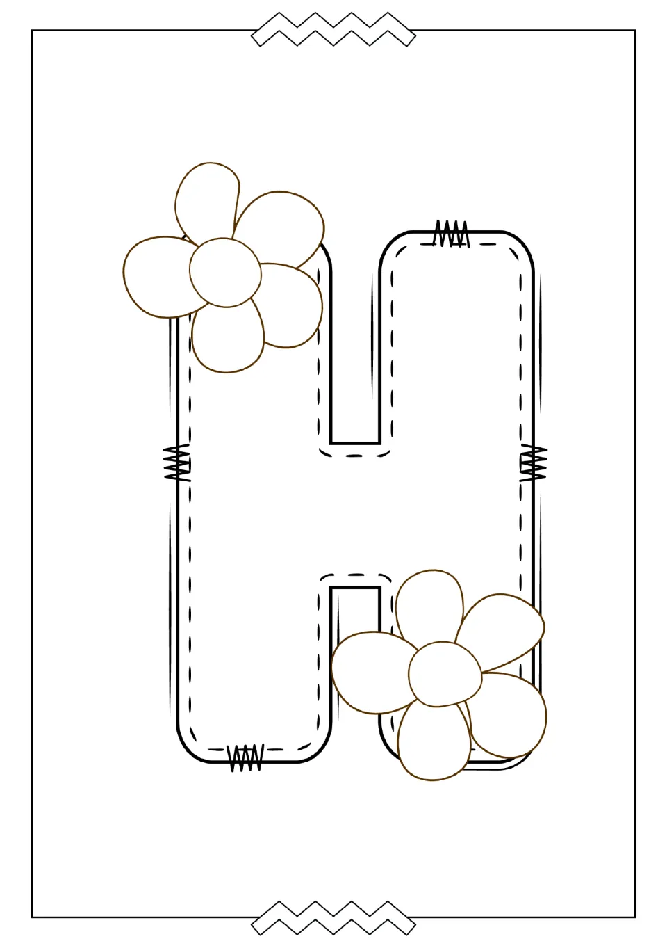 Uppercase H coloring page in the alphabet mini book, featuring a large letter H decorated with two flowers