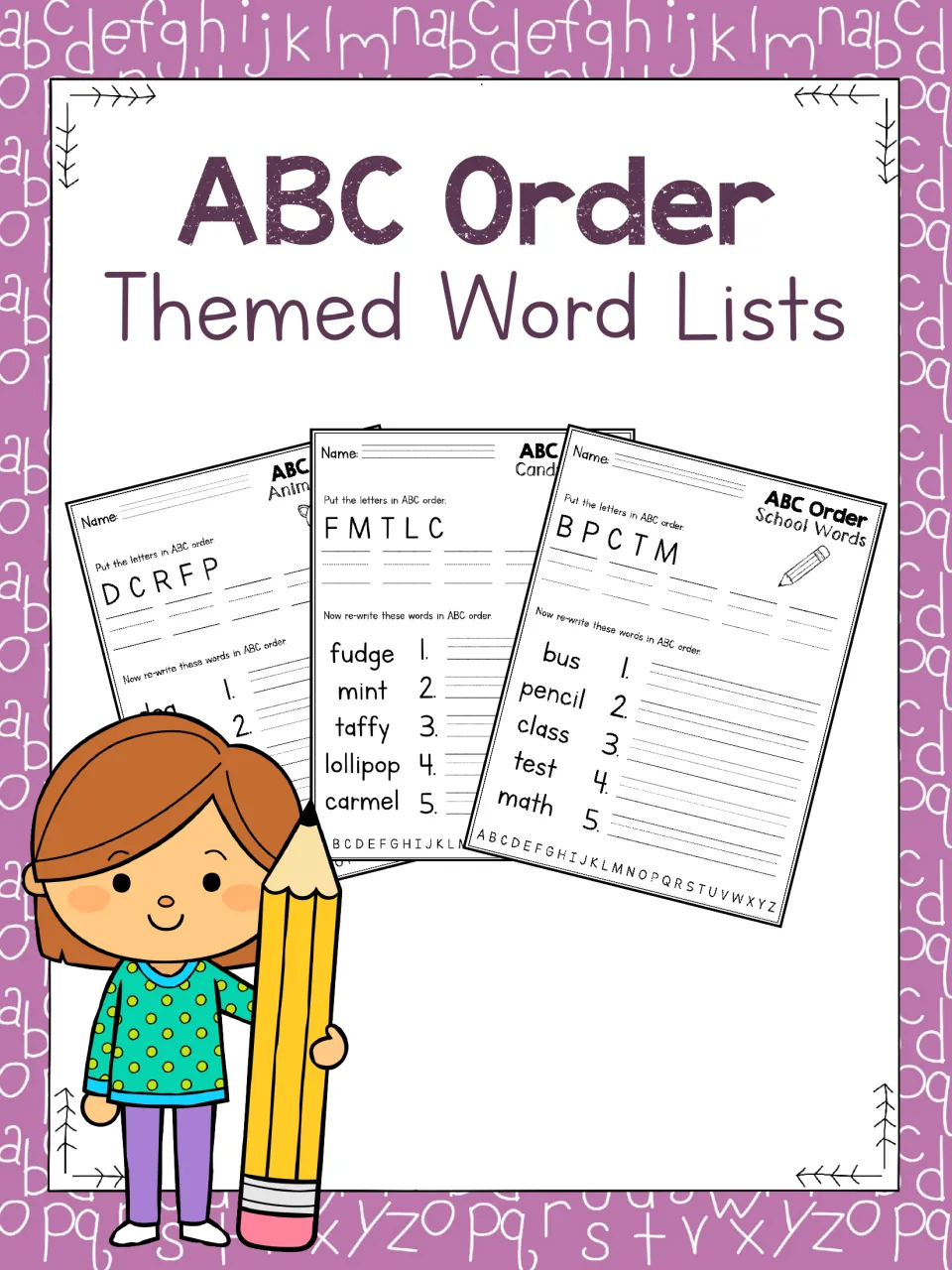 ABC Order Themed Word Lists cover showing sample alphabetizing sheets for animal, candy and school words