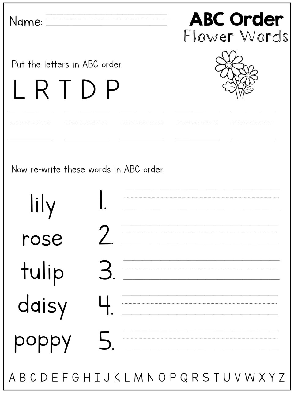 Flower words ABC order: students sort letters L R T D P, then rewrite lily, rose, tulip, daisy and poppy