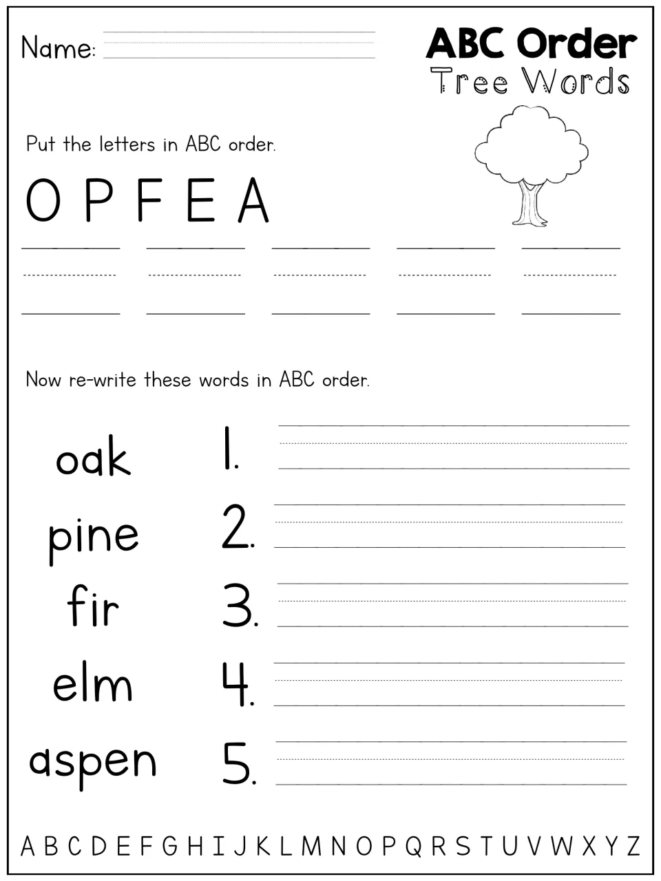 Tree words alphabetizing: students order letters O P F E A, then rewrite oak, pine, fir, elm and aspen in order