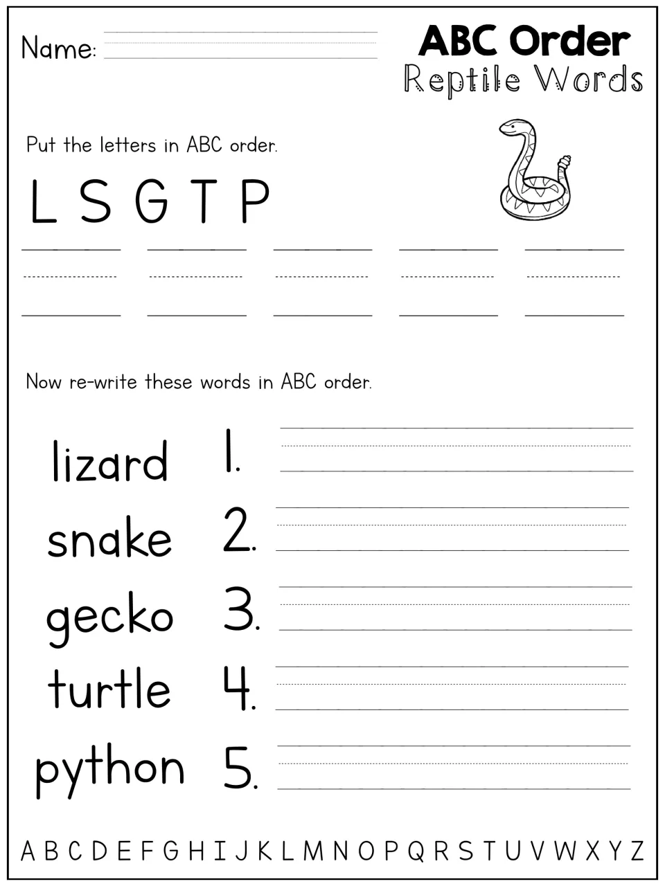 Reptile words ABC order: students sort L S G T P, then list lizard, snake, gecko, turtle and python in order