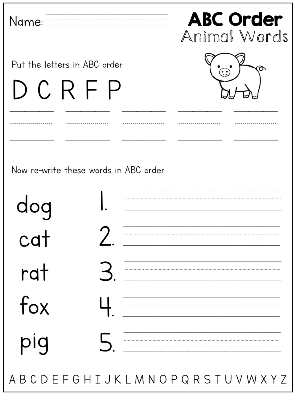 Animal words alphabetizing: students order D C R F P, then rewrite dog, cat, rat, fox and pig by first letter