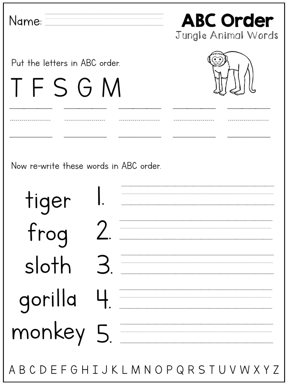 Jungle animal words ABC order: students sort T F S G M, then rewrite tiger, frog, sloth, gorilla and monkey