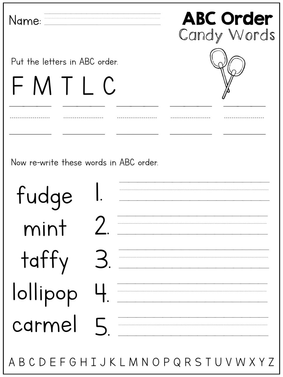 Candy words alphabetizing: students order F M T L C, then rewrite fudge, mint, taffy, lollipop and caramel