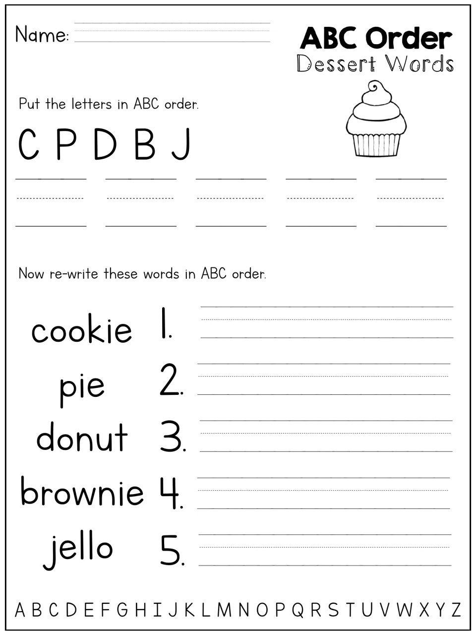 Dessert words ABC order: students sort C P D B J, then rewrite cookie, pie, donut, brownie and jello in order