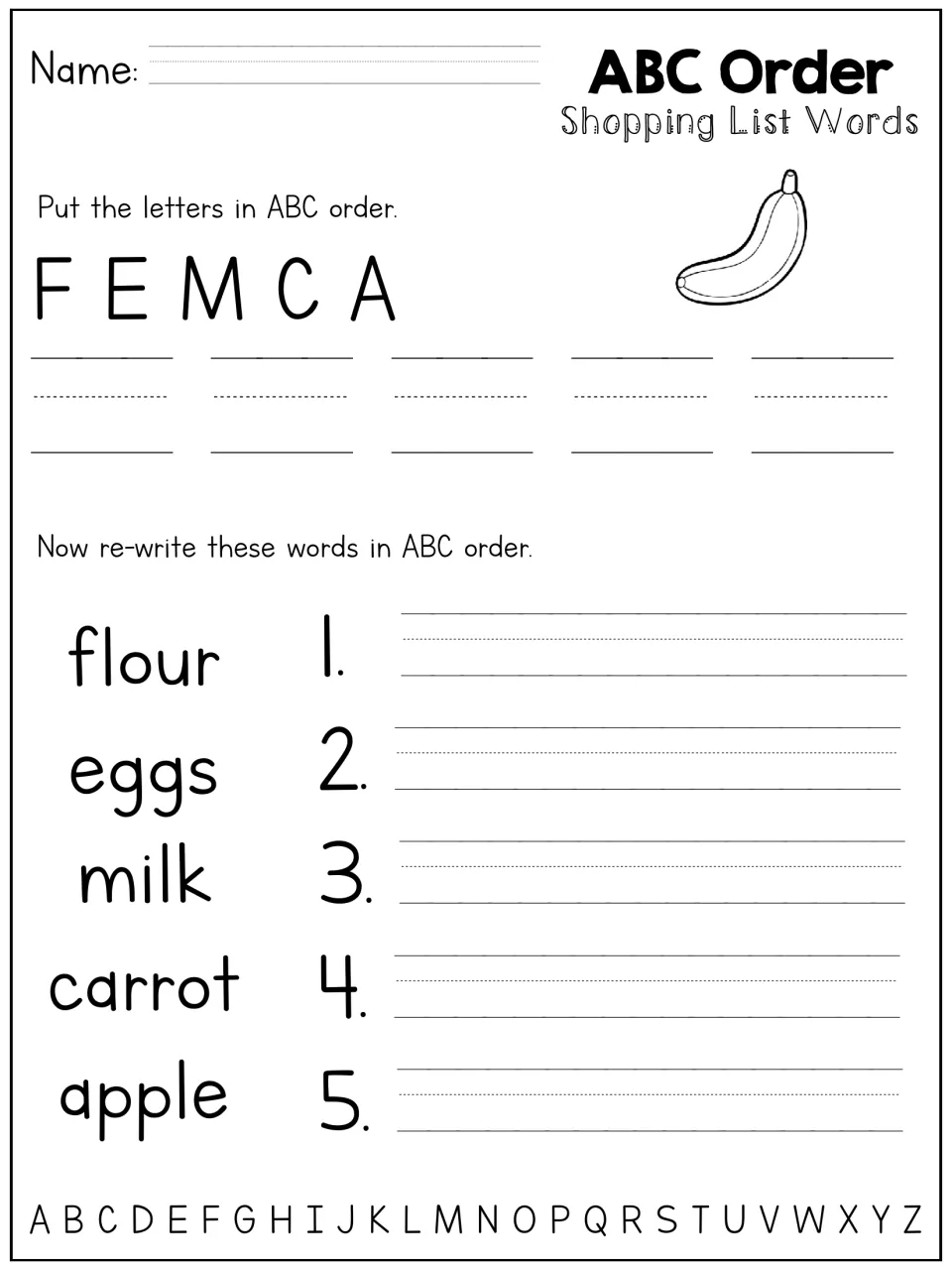 Shopping list words alphabetizing: students order F E M C A, then rewrite flour, eggs, milk, carrot and apple
