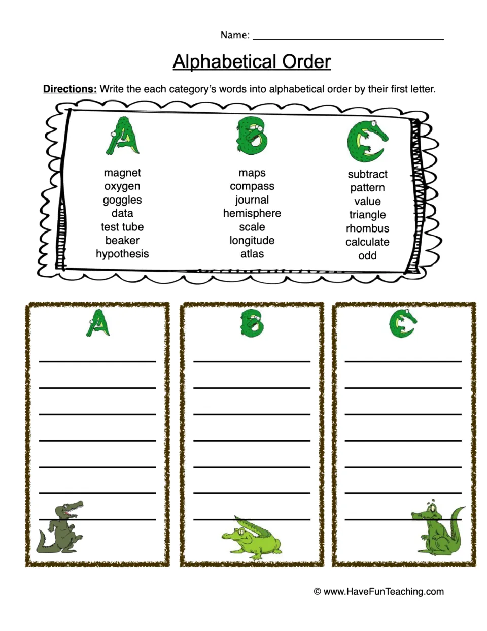 Alphabetical order: students rewrite three lists of seven science, map and math words in ABC order by their first letter