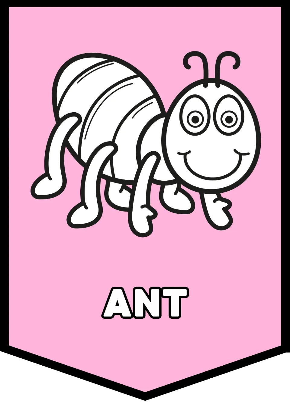 Alphabet pennant 1 of 26 for classroom decor: an ant illustration paired with the uppercase word 'ANT'