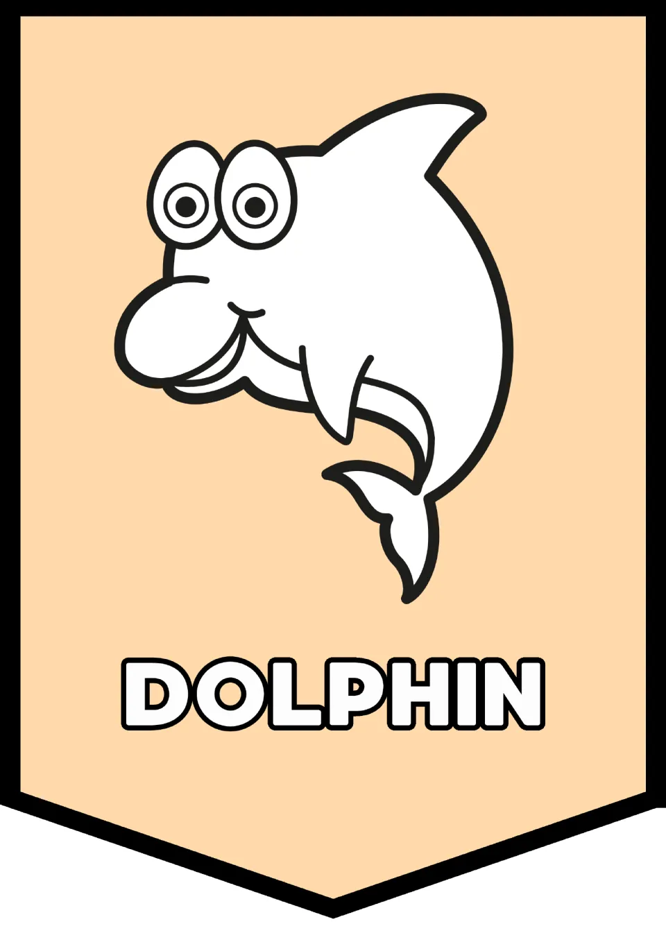 Alphabet pennant 4 of 26 for classroom decor: a dolphin illustration paired with the uppercase word 'DOLPHIN'