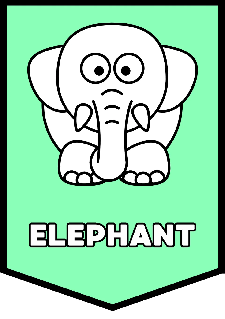 Alphabet pennant 5 of 26 for classroom decor: an elephant illustration paired with the uppercase word 'ELEPHANT'