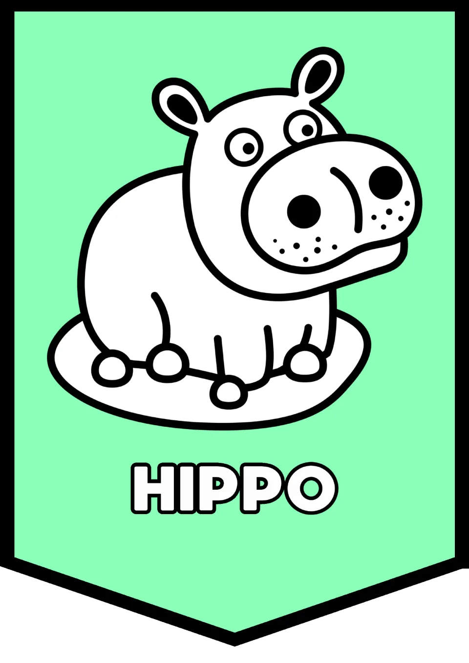 Alphabet pennant 8 of 26 for classroom decor: a hippo illustration paired with the uppercase word 'HIPPO'