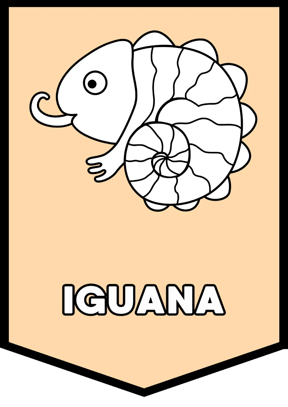Alphabet pennant 9 of 26 for classroom decor: a curled-tail reptile picture with the uppercase label 'IGUANA'
