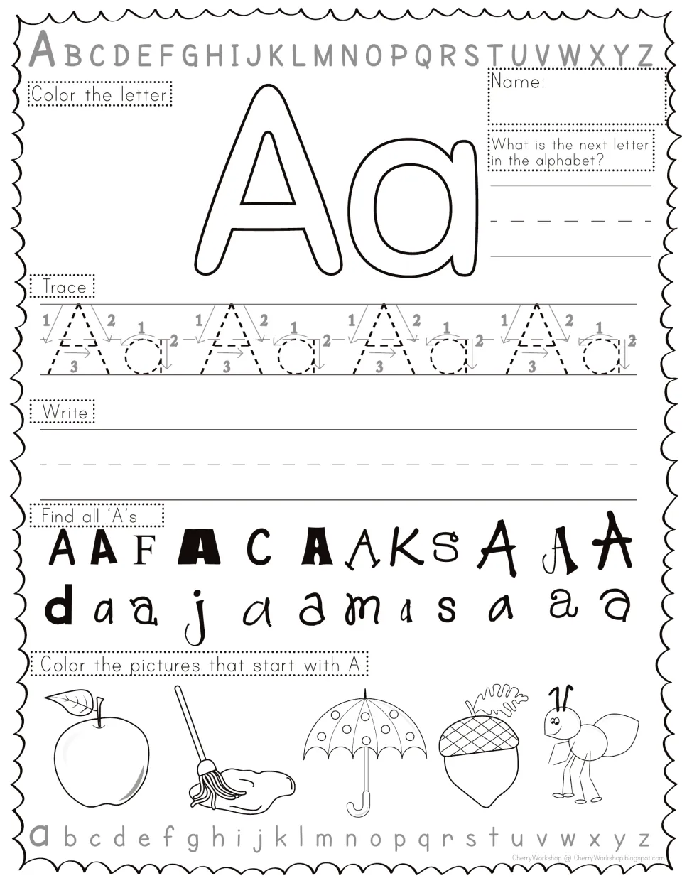 Letter Aa practice: students color, trace and write Aa, find every A in mixed fonts, and color pictures like apple and ant