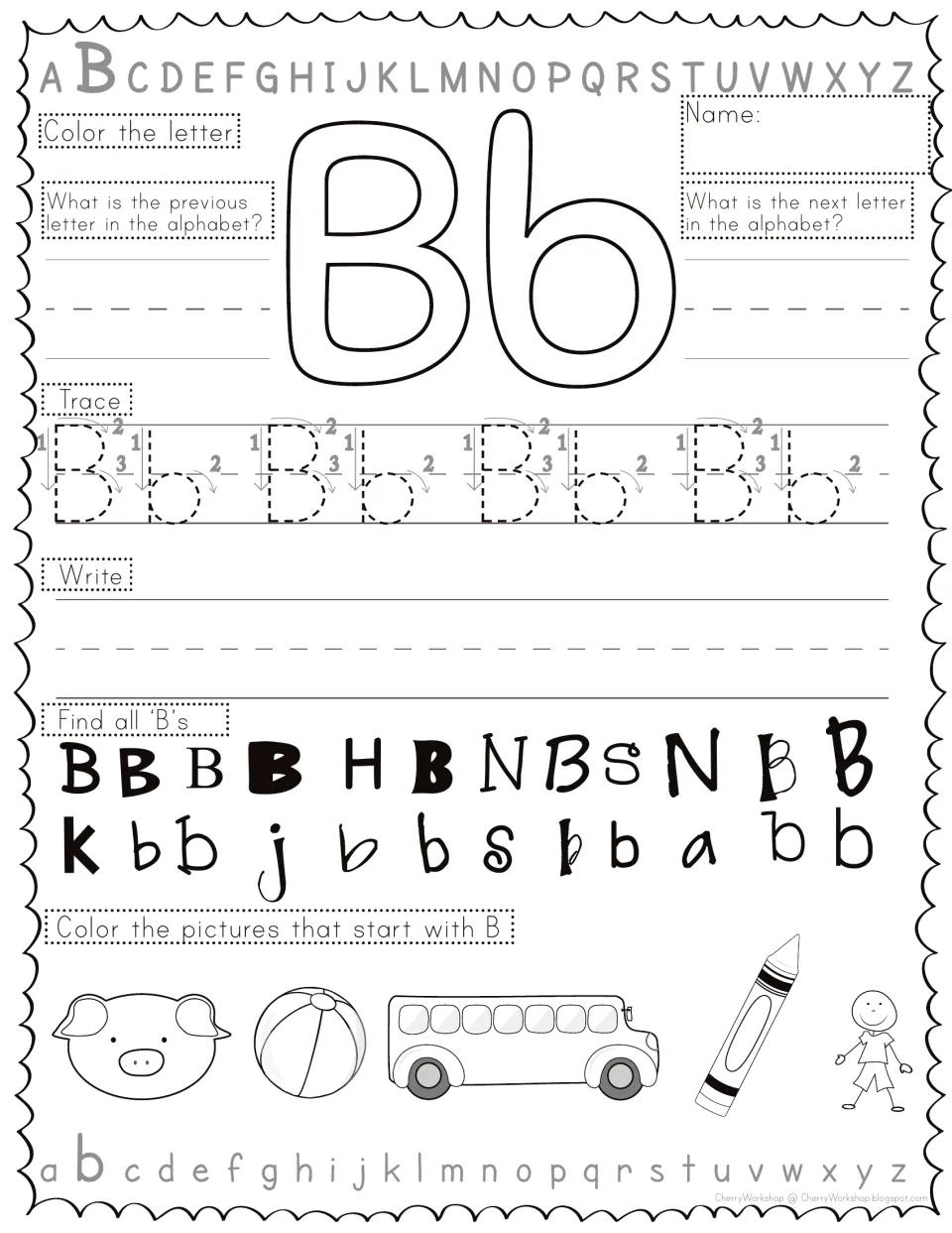 Letter Bb practice: students name letters before and after B, trace and write Bb, find B's, and color ball and bus