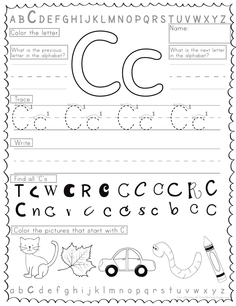 Letter Cc practice: students trace and write Cc, find each C among similar letters, and color C pictures like cat and car