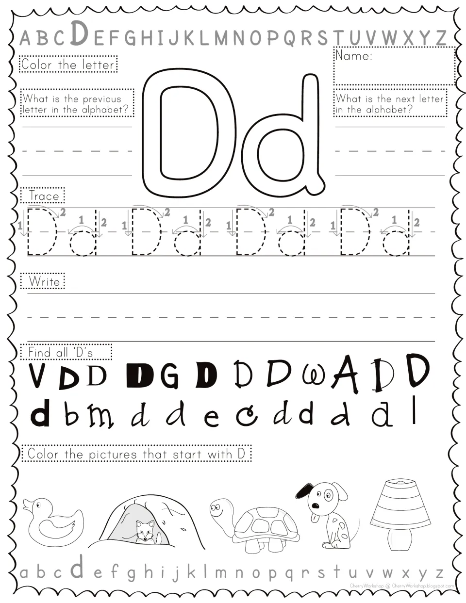 Letter Dd practice: students give the letters around D, trace Dd, find D's, and color duck and dog pictures