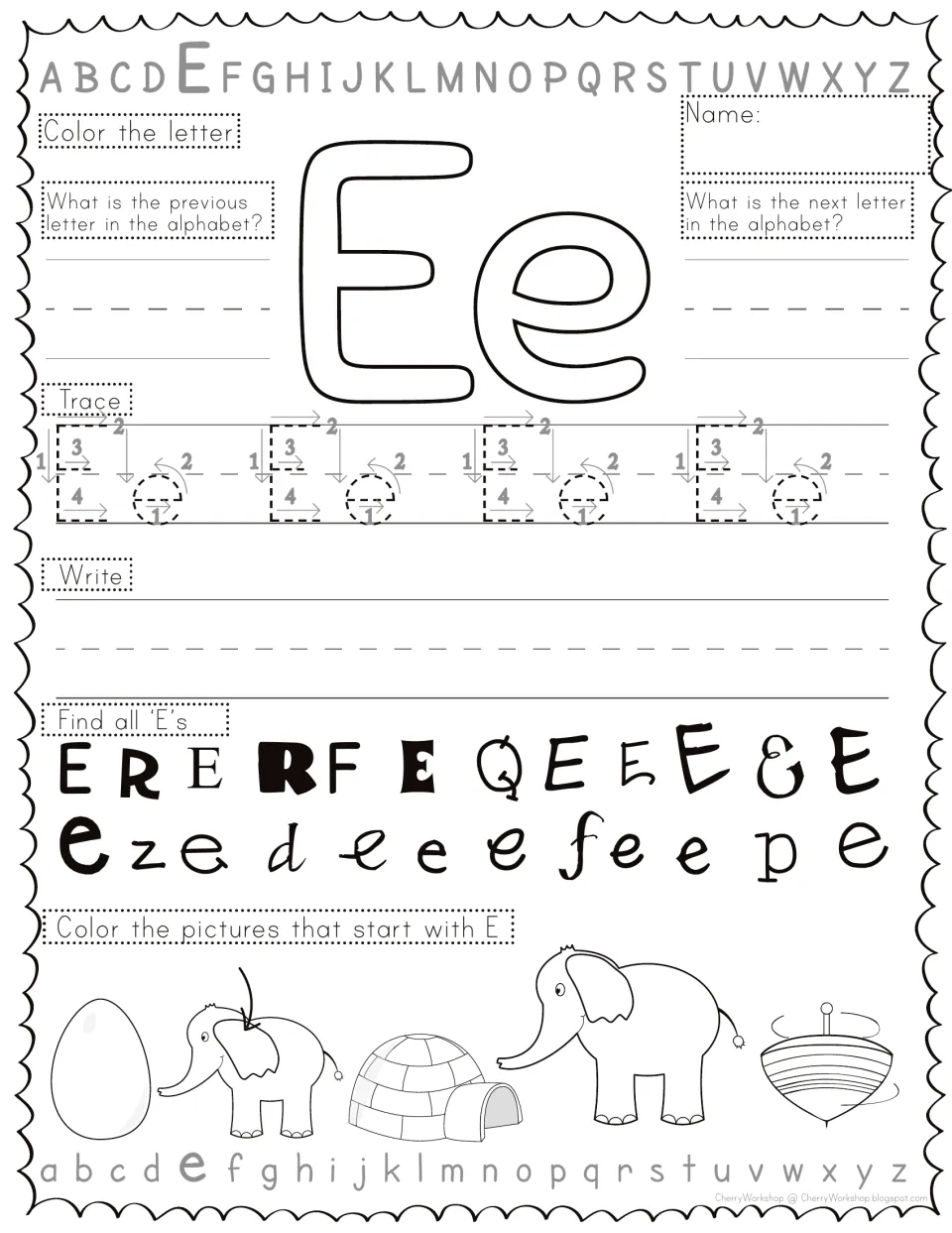 Letter Ee practice: students trace and write Ee, pick out E's among R, F and Q, and color E pictures like egg and elephant