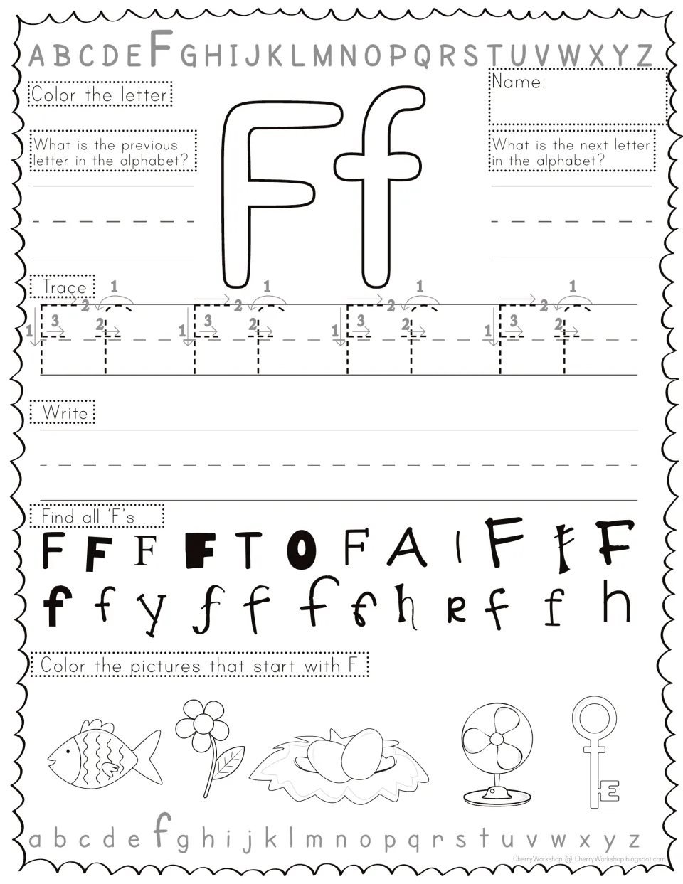 Letter Ff practice: students trace Ff using numbered strokes, find F's in varied fonts, and color fish and fan pictures