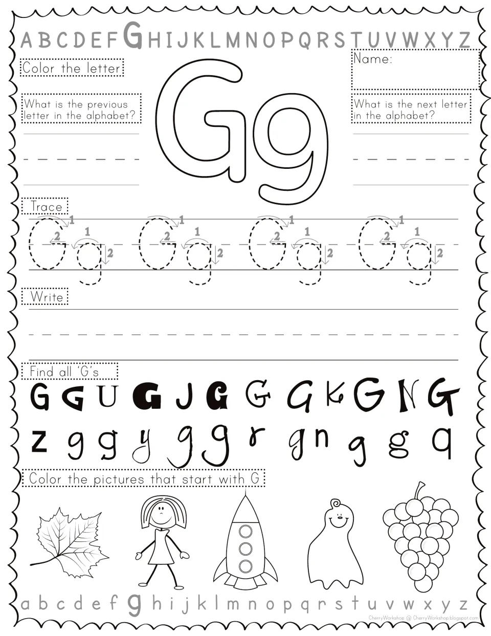 Letter Gg practice: students trace and write Gg, find G's mixed with J, U and K, and color G pictures like grapes and ghost