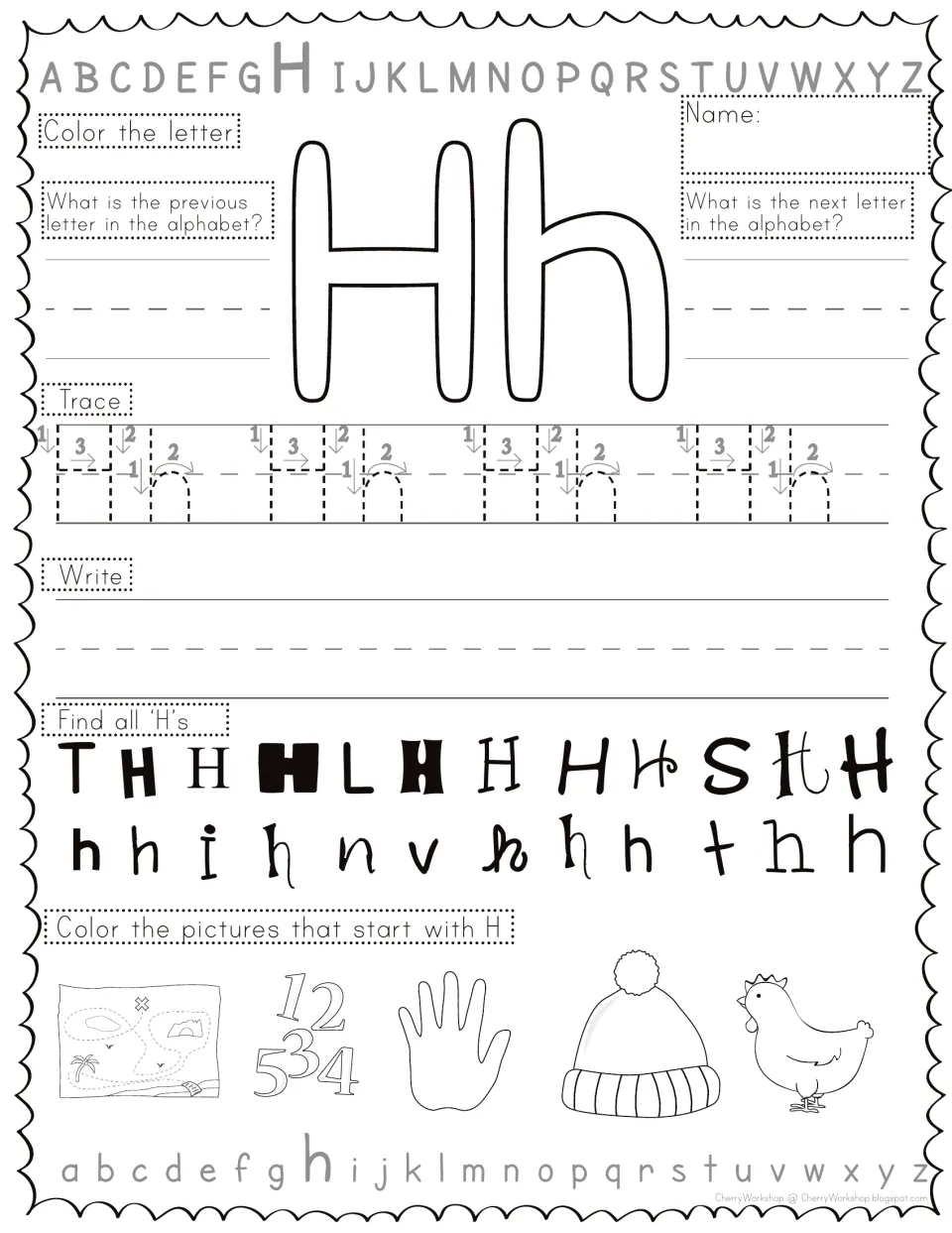 Letter Hh practice: students write the letters before and after H, trace Hh, find H's, and color hand, hat and hen pictures