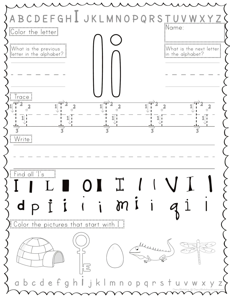 Letter Ii practice: students trace and write Ii, find I's among L, O and V, and color I pictures like igloo and iguana