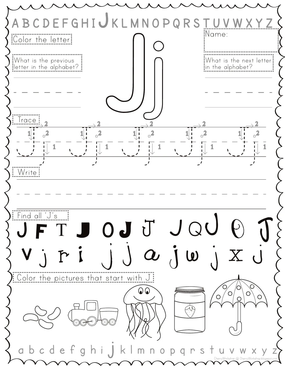 Letter Jj practice: students trace and write Jj, find J's in varied fonts, and color J pictures such as jellyfish and jar