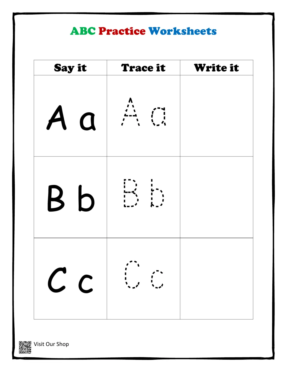 Letters Aa, Bb and Cc letter formation: students say each letter pair, trace the dotted letters, then write them alone