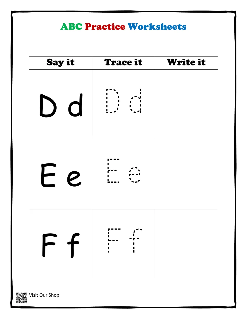 Letters Dd, Ee and Ff: children name each uppercase and lowercase pair, trace the dashed forms and copy them independently