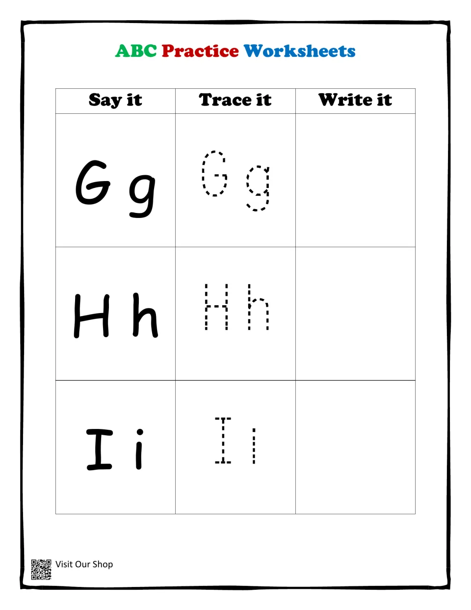 Letters Gg, Hh and Ii handwriting practice: say the letter pair aloud, trace the dotted versions, then write each one