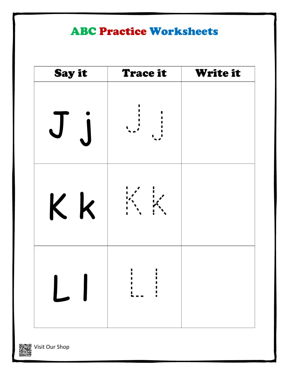 Letters Jj, Kk and Ll: learners say each capital and small letter, trace the dashed models and form the letters on their own
