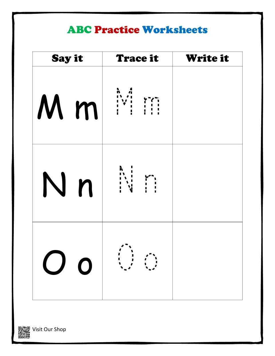 Letters Mm, Nn and Oo letter recognition and formation: say the pair, trace the dotted letters, write each one alone